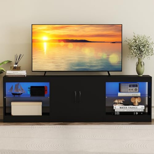 GIANTEX Mobile TV combinabile liberamente, mobile basso modulare con illuminazione a LED, mobile TV con ripiani aperti, tavolo TV per televisori fino a 85 pollici, 195 x 30 x 55 cm