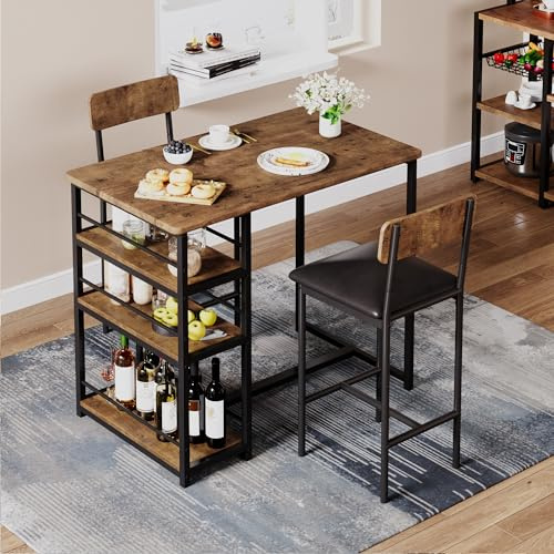 WEJIUAFB 3-Teilig Bartisch Mit Barhocker Set, Esstisch Mit 3 Ablagen & 2 Gepolsterten Barhockern Mit Rückenlehne, Industrieller Stehtisch, Küchentisch Sitzgruppe Für Esszimmer Küche Wohnzimmer