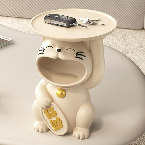 Fortune Cat Double Storage Organizer, 6.3×6.1×8.9 inches Resin Lucky Charm Decor with Tray & 1.8L Storage for Entryway, Office, Gift
