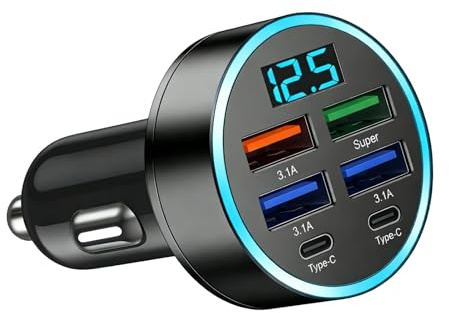 6 in 1 USB C Car Charger Fast Charge, 12/24V 45W Car Charger Cigarette Lighter Socket with LED Voltmeter Display 30 Minute Fast Charging Multi Port for iPhone, Samsung Galaxy, iPad, Tablets & Android