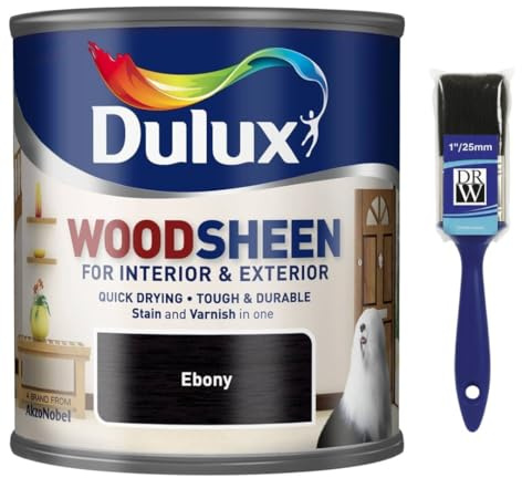 Ebony Stain and Varnish 250ml +1 Brush | Interior Wood Stain and Varnish | Satin Finish for Doors Skirting Furniture and Trim | Quick Dry Wood Protection