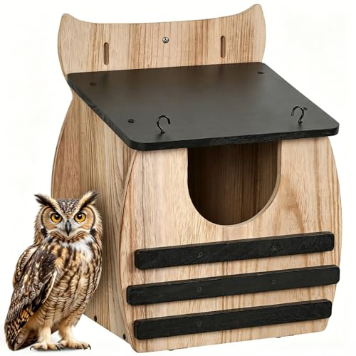 JAZUIHA Großes Eulenhaus aus Paulownia-Holz, Eulen Nistkasten mit Einflugloch 11 x 12,7 cm, Vogelhaus für Eulen zum Aufhängen, Bausatz, 31 x 41 x 23 cm