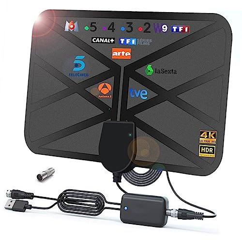 36DBI Antena TV Interior, 200 km Poderoso Antena HDTV Digital con Amplificador y Cable Coaxial para 1080P 4K Canales de TV Gratis DTMB VHF UHF DVB-T2 DVB-T TDT