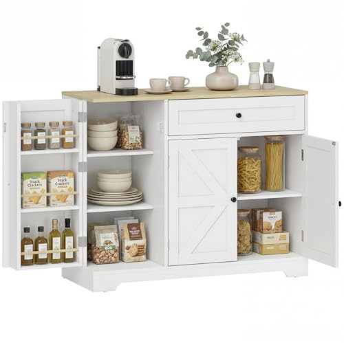 HOMCOM Sideboard Küchenschrank mit Schublade 3 Türen 100 x 40 x 81 cm Weiß | Buffetschrank, Verstellbare Ablagen, Arbeitsplatte, Gewürzhalter, Aufbewahrungsschrank für Wohnzimmer und Esszimmer