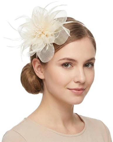 Mtbricey Vintage Mesh Feather Fascinator Mini Top Hats Hair Clips Elegant Ladies Formal Headwear Suitable for Weddings Royal Ascot Proms Cocktail Evenings and Afternoon Tea Events (Beige)