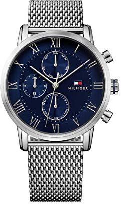 Tommy Hilfiger Herren-Multifunktions-Quarzuhr 44mm mit Blauem Zifferblatt, Edelstahlgehäuse und Mesh-Armband, 3ATM Wasserbeständigkeit - 1791398
