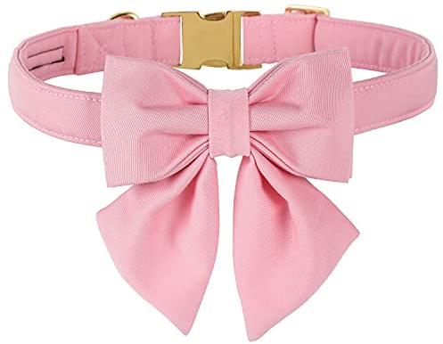 Maca Bates Cherry Pink Dog Collar with Cute Solid Sailor Bow Tie for Extra Small Girl Boy Dogs,Girly Adjustbale Durable Breakaway Soft Collars with Bowtie for Female Male Puppy,Pet with Metal Buckle