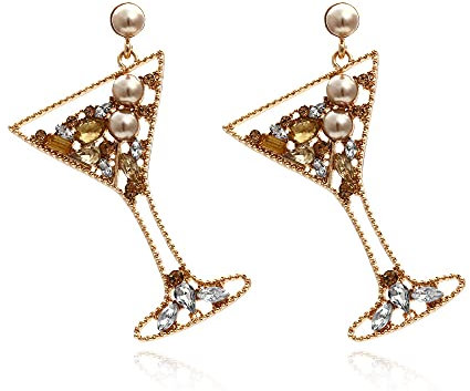 Beaded Champagne Wine Glass Bottle Earrings for Women Men Handmade Pearl Beaded Champagne Rhinestone Drop Dangle Earrings for Birthday Holiday Parties Gifts Statement Wine Earrings, Metal enamel