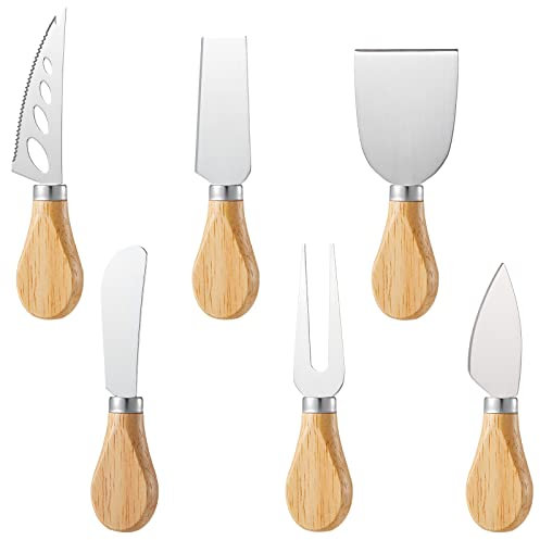 Daucin Cheese Knife Set, 6 Pcs Stainless Steel Cheese Slicer Cheese Fork Cheese Shovel with Oak Handle, Ergonomic Design Cheese Cutter for Family Gathering Party Halloween Christmas