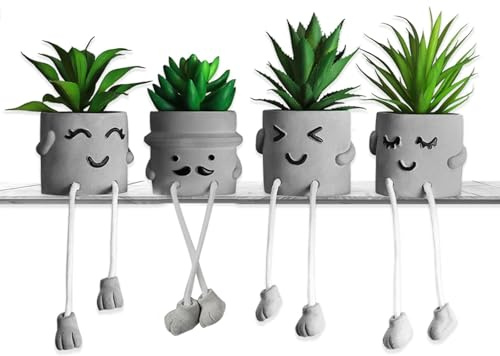 MAKHOT 4 PCS Creative Artificial Succulent Plants with Pots, Faux Succulents Cute Hanging Leg Potted Cubicle Accessories Decor, Mini Potted Fake Plant, Small Plants for Shelf Decor