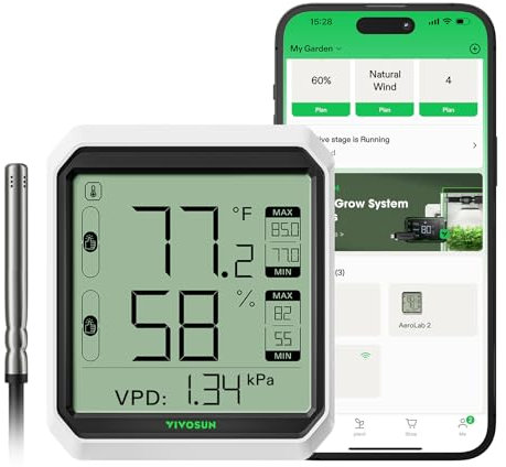 VIVOSUN AeroLab THB1S Drahtloses Bluetooth Hygrometer Thermometer, Digitaler Temperatur- & Feuchtigkeitsmesser mit VPD, LCD-Display, Datenspeicher, Dualkanäle mit Sonde, Batterie