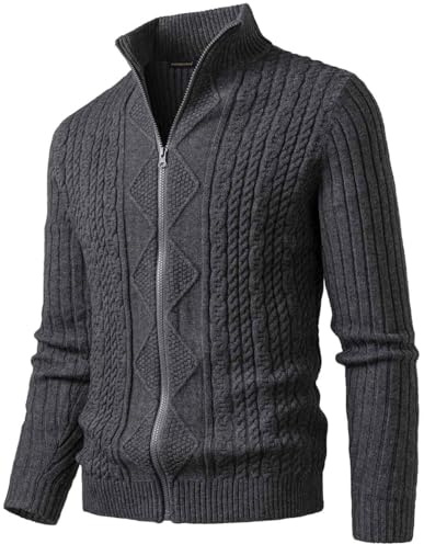 Harbrosrce Kabelstickad cardigan för män, ledig ståkrage, tröjor, slim fit, helt dragkedja, jumper, fleecefodrad, vinter, stickat kappa med fickor, Grå, XXL