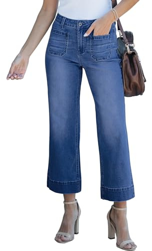 luvamia Wide Leg Jeans for Women Trendy High Waisted Flare Jeans Cropped Denim Pants Stretchy Baggy with Patch Pockets Womens Stretchy Jeans for Women Darkness Blue Size Xx-Large Size 20 Size 22