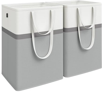 SONGMICS Set of 2 laundry basket, 110 L Washing Basket, Laundry Bag Hamper with Short and Long Handles, Easy to Transport and Clean, Freestanding, for Bedroom, Bathroom, Dove Grey LCB210G02