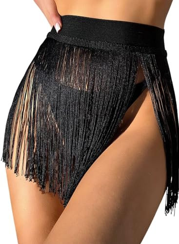 Damen Quaste Rock - Festival Accessoires Rave Outfit Mode Punk Fransen Röcke Sexy Minirock Techno Skort Taillengürtel Gothic Gürtel Skirt Frauen Strand Tankinis(Black,S,1117w)