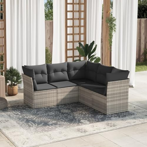 IKAYAA Rattan Gartenmöbel Set mit Stauraum Balkonsofa Kleiner Balkon Balkon Lounge Gartensofa Polyrattan Lounge Terrassenmöbel Ecksofa Outdoor mit Kissen Poly Rattan-Hellgrau-5-tlg-Typ 2