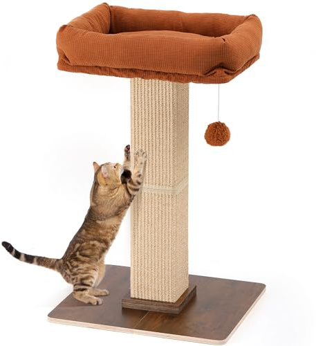 FUKUMARU Cat Scratching Post, Retro-Style Tall Scratch Posts with Perch for Infoor Cats Adults, Large Cat Scratcher Tower with Bed, Natural Sisal & Solid Wood