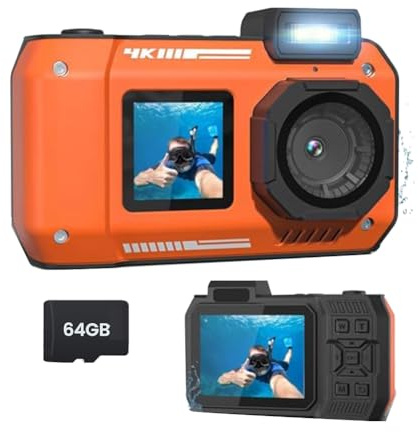 Pesfehhy Fotocamera Impermeabile 4K 65MP Fotocamera Subacquea con Scheda 64G, per Snorkeling Autofocus Selfie Doppio Schermo Arancione