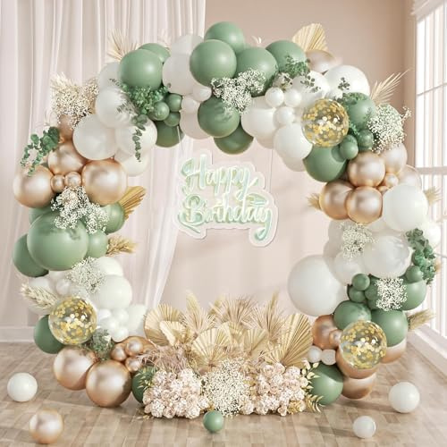 Kit per arco di palloncini verde salvia, 113 pezzi con ghirlanda di palloncini verde oliva e palloncini bianchi, oro e coriandoli, palloncini verdi e dorati per decorazioni di feste per baby shower