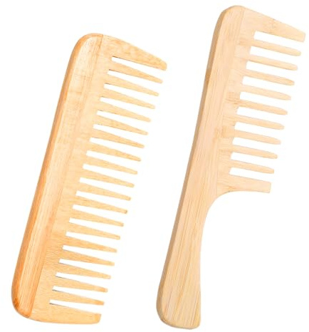YUXIANLB Set di 2 pettini in bambù antistatici a denti larghi in bambù naturale, grandi pettini districanti per capelli, piccoli riccioli in legno a denti grandi, spazzole per capelli lisci, naturali
