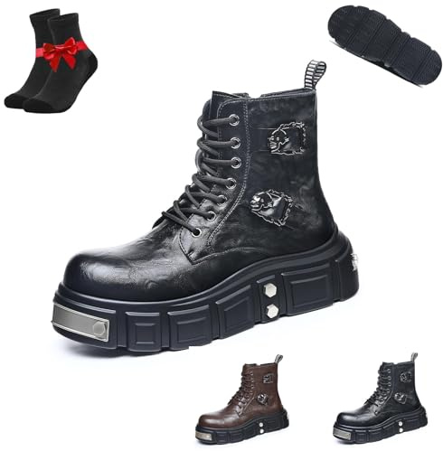 Kirposh Botines góticos punk for hombre, botines de combate con cordones y cremallera lateral, botas de plataforma de cuero, antideslizantes y con aumento de altura.(Black,43 EU)