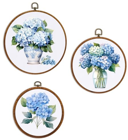 Fiwochic 3 Pcs Round Hydrangea Wall Decor Boho Vintage Flowers Wall Artwork Spring Floral House Artwork Flowers Painting Canva Print Framed Art Farmhouse Nature Hanging Boho Decor for Bedroom