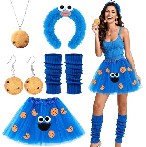 GEVECORI Krümelmonster Kostüm Damen, Karneval Lustige Kostüme Damen | Karneval Kostüm Haarreif, Tüllrock Blau, Ohrringe, Halskette, Beinwärmer, Keksaufkleber, Lustig für Fasching Mottoparty