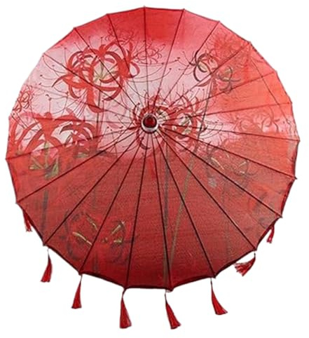 Faroby Ombrello Cinese - Ombrellone Giapponese con Giglio Magico Rosso da 32 Pollici con Nappa, Ombrello Asiatico Antico Decorativo in Seta per Danza, esibizione e Oggetti di Scena