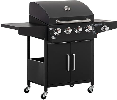 SogesGame Barbecue a gas con 4 bruciatori e 1 bruciatore laterale, 4 + 1 carrello barbecue con ruote e freni, griglia riscaldante, accensione piezoelettrica e termometro, griglia esterna in acciaio al