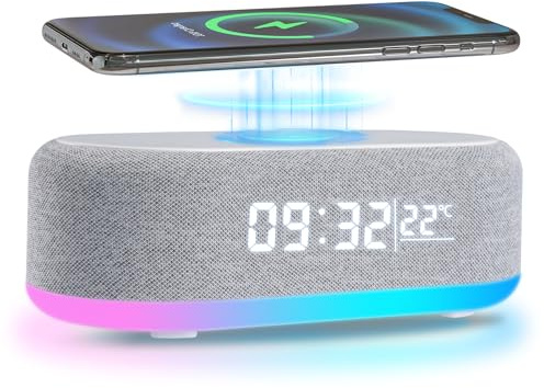 Jaxiyun Digitaler Wecker mit Ladestation, Multifunktionaler Bluetooth Lautsprecher, Licht Wecker mit Temperaturanzeige, Digitalwecker für den Nachttisch