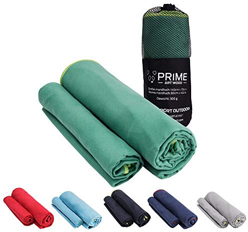 PRIME ART WOOD Mikrofaser Handtücher 2er Set (140x70cm + 80x40cm), Schnelltrocknend, Saugstark, Super Weich, Reisehandtuch, Sporthandtuch, Badetuch (Grün)