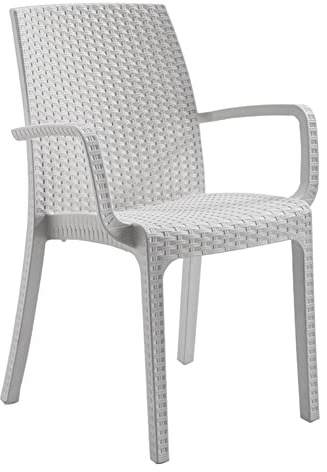 Totò Piccinni Sedia INDIANA in Resina Simil Rattan effetto realistco, impilabile per bar ristorante casa giardino (Con Braccioli, Bianco, 4 Pz)