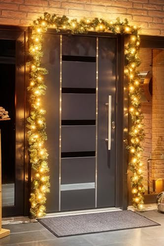 Tannengirlande 5 Meter mit 80 LED beleuchtet, erweiterbar, strombetrieben, optionaler Timer, inkl. 10 Meter Zuleitung, für Innen & Außen geeignet, künstliche Deko-Girlande mit Beleuchtung (warm-weiß)