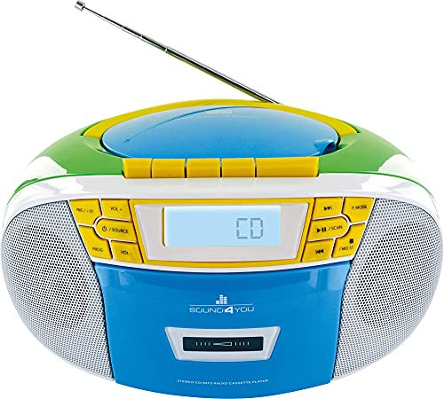 SCHWAIGER 661644 CD-Player mit Kassette und Radio MP3 USB Anschluss FM Radio AUX Kopfhörer Boombox Netz- und Batteriebetrieb Display tragbar bunt