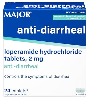 MAJOR Anti-Diarrheal Loperamide Hydrochloride Tablets, 2 mg - Helps Control The Symptoms of Diarrhea - 24 Caplets (1 Pack)