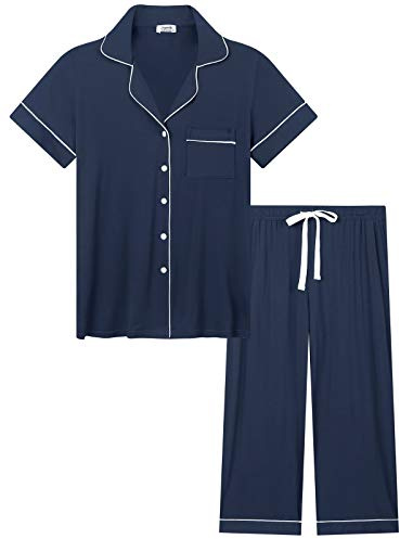 Amorbella Button Up Pyjamas for Women Soft Short Sleeve Pajamas Capri Set