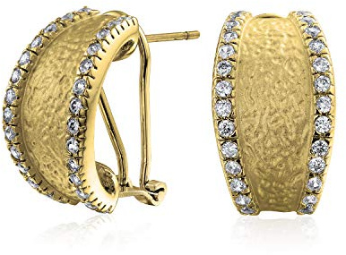 Aros de Media Luna con Textura Martillada y Forma de Camarón para Mujer con Borde Pavé de Circonita Cúbica y Detalle de CZ, Chapado en Oro con Cierre Omega Estabilizador