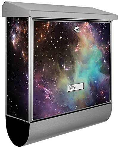 banjado® Burgwächter Briefkasten Edelstahl 38x39x12cm mit Motiv Im Weltall 2 / Briefkasten Edelstahl ohne Zeitungsfach/Briefkasten grau/Postkasten inkl. Montagematerial & 2 Schlüsseln