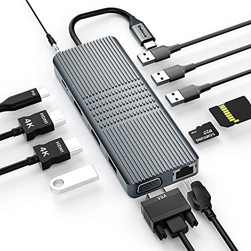 Station d'accueil USB C 12 en 1 Hub USB c Adaptateur multiport Double écran Type-c avec 4K Dual HDMI,VGA,2 Ports USB 3.0,PD100w,RJ45,pour Macbook,Windows,HP,Dell et Plus Encore