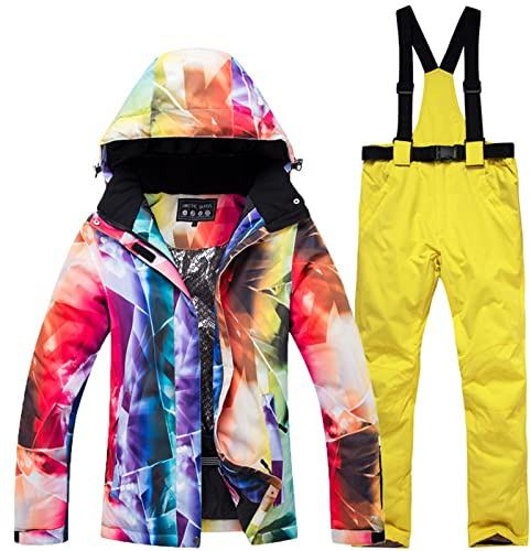 WYOUTDOOR Skianzug für Damen, Winterjacke und Skihose, bunt, Snowboard, Jacke und Hose mit Trägern, wasserdicht, mit Kapuze, Schneeanzug