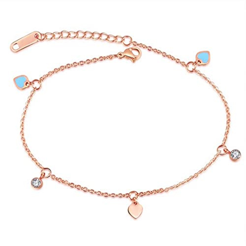 Kim Johanson Edelstahl Damen Fußkettchen *Zara* in Roségold | Mit Zirkonia & Herzen | Wasserfeste Fußkette | Frauen Boho Schmuck | Verstellbar inkl. Schmuckbeutel