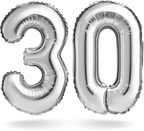 BALINCO Zahlenballon Silber 100cm Zahlenset 30 Geburtstagsdeko Jubiläum Geschenk Folienballon 2 Stück mit Aufblasrohr