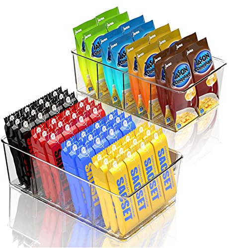 Finew Fridge Organiser Divided, 2 Pack Snack Organiser Bins, Stackable Storage Box with Removable Divider, Clear Practical Drawer Organization Container for Kitchen Cupboard Refrigerator - BPA-Free