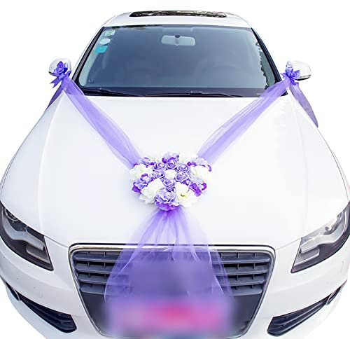 PTNKUIIY Autoschmuck Hochzeit,Auto Blumenschmuck Hochzeitsdekoration für Motorhaube Auto Hochzeitsdeko Organza Braut Paar Rose Deko Hochzeitsauto Deko Girlande Hochzeitsschmuck Für Hochzeit Party