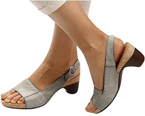 Womens Walking Sandals Elegant Low Chunky Heel Shoes Women Summer Heel Sandals Pumps Ankle Buckle Open Toe Casual Shoes Women's Casual Classic Slide Sandal Strappy Sandal Anti Slip Wide Fit Size