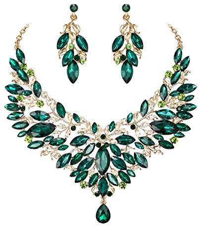 Clearine Braut Schmuck-Set Marquise-Kristall-Strass-Cluster-Statement-Halskette und baumelnden Ohrringe set für Damen Hochzeit Party Smaragd-Grün Gold-Ton