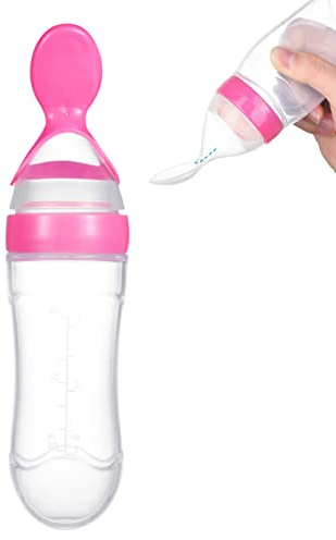 Silikon Baby Kleinkind Babyflasche,1 STÜCKE Babynahrung Squeeze Dosierlöffel Feeder, Frische Lebensmittel Müsli Squeeze Feeder Heiß mit Löffel, BPA-frei(Rosa)
