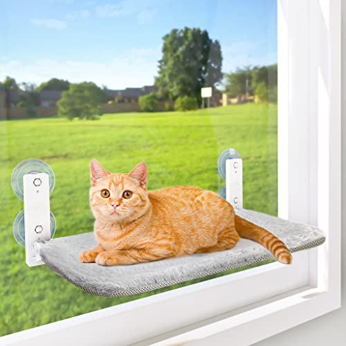 AMOSIJOY Percha inalámbrica para Ventana de Gato, Hamaca para Gatos para Pared con 4 ventosas, Anclaje y Tornillo para Dos Formas de instalación, Marco de Metal sólido y Cubierta Reversible, Camas