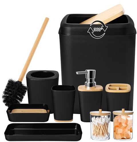 XLHOMO Bathroom Set Black Bathroom Trash Can, 9 Piece Bathroom Decor Toothbrush Holder, Cup, Lotion Dispenser, Tray, Soap Dish, Toilet Brush, Qtip Holder