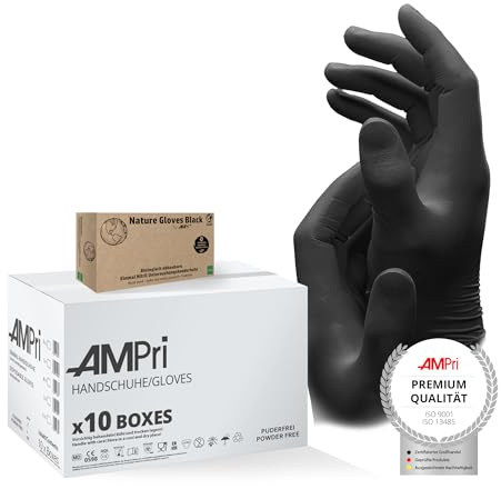 AMPRI Biologisch abbaubare Nitrilhandschuhe, schwarz, 10 Box a 100 Stk, 1000 Stück, Größe M, puderfrei, Nature Gloves by Med-Comfort: Nitril Einmalhandschuhe in den Größen XS, S, M, L, XL erhältlich